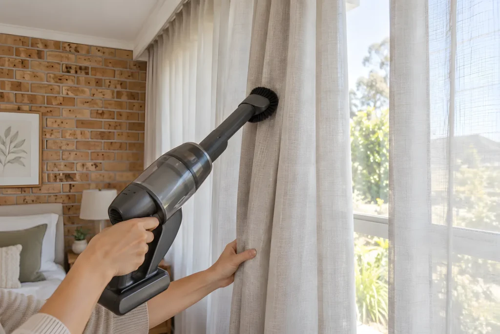 Soft brush vacuum attachment moving down a sheer curtain