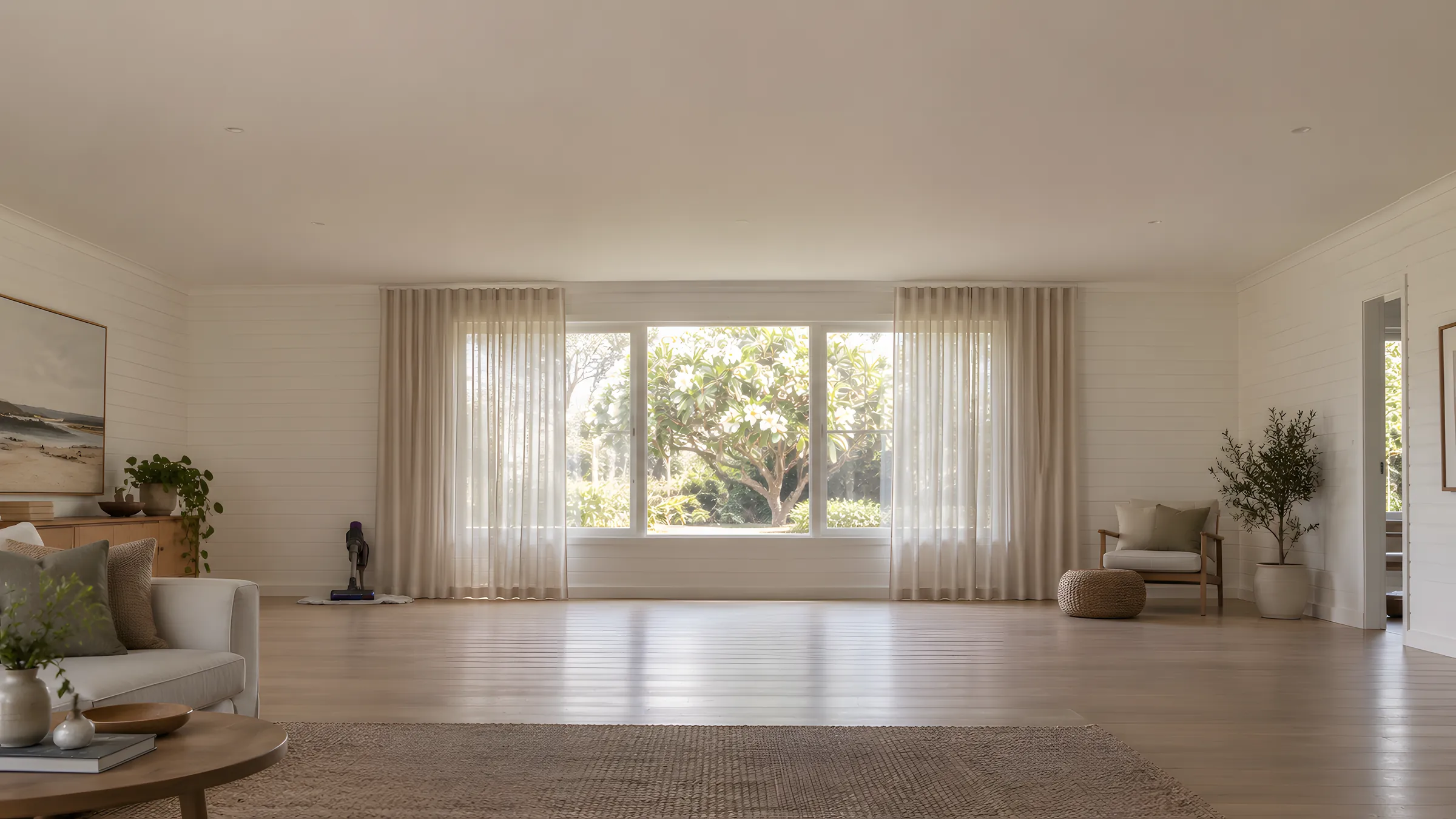 How to clean curtains: floor-length sand sheer curtains hanging from a ceiling track in a bright living room