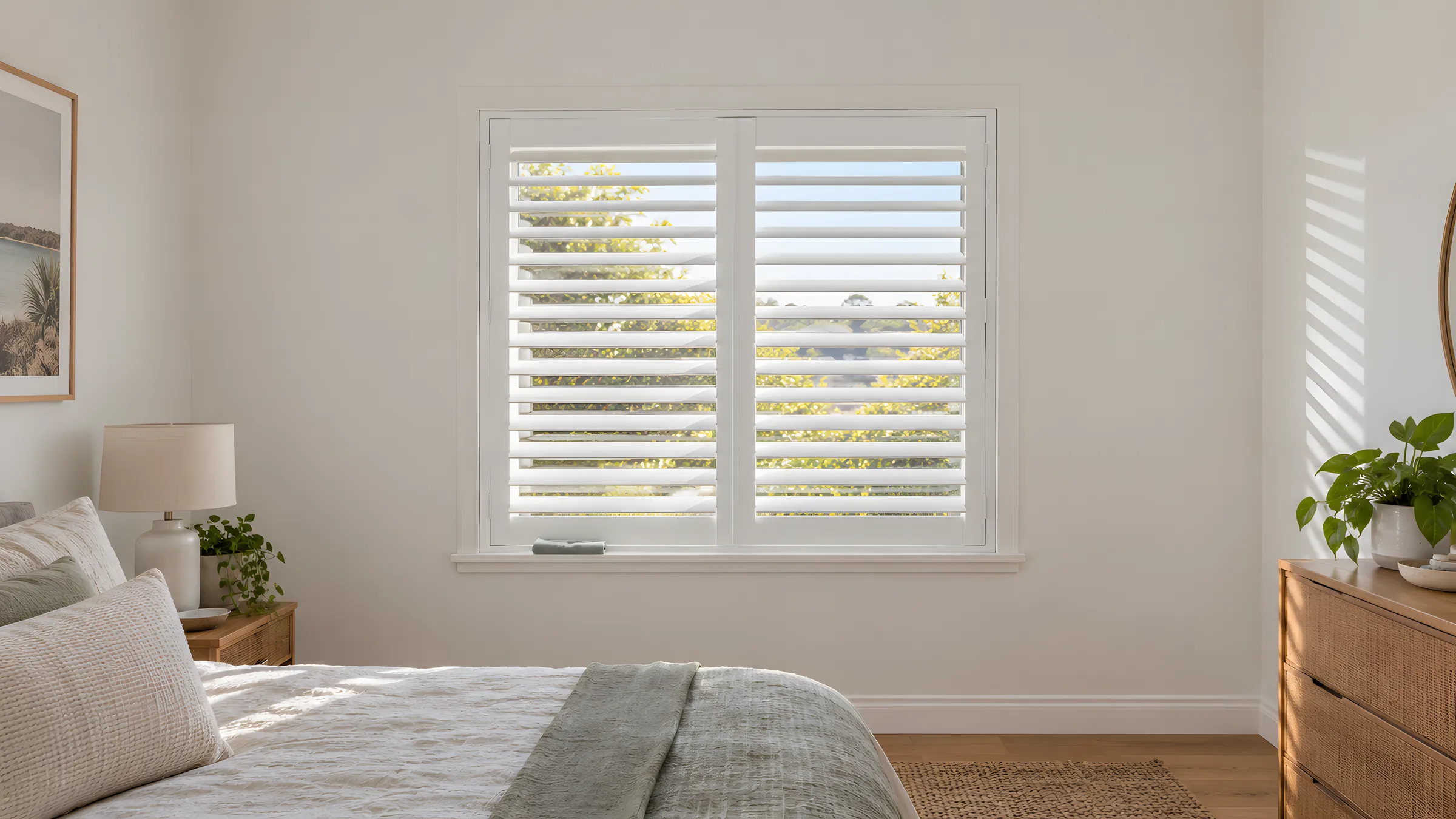 How to clean plantation shutters: white shutters with blades tilted open and a folded cloth on the sill