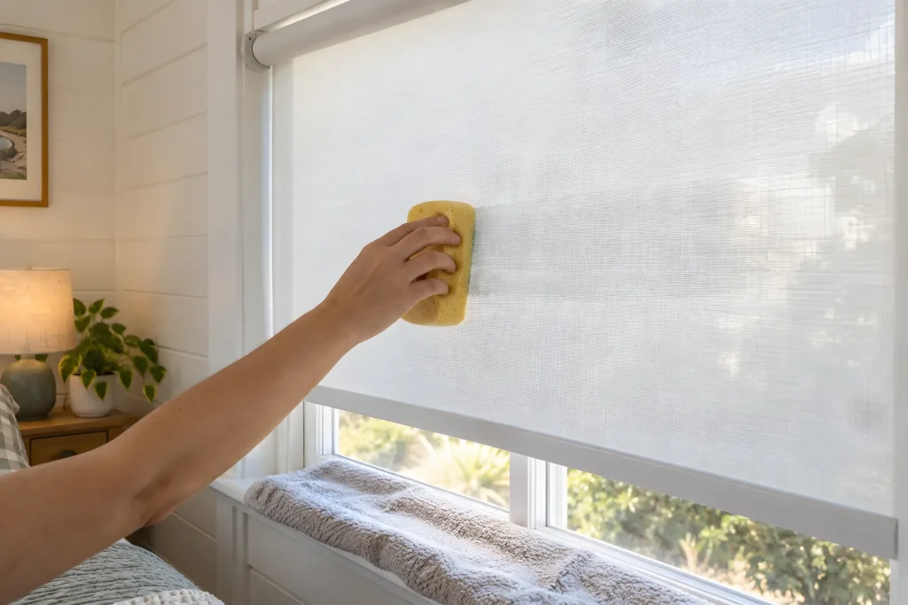 A hand wiping a lowered roller blind fabric from top to bottom with a damp sponge