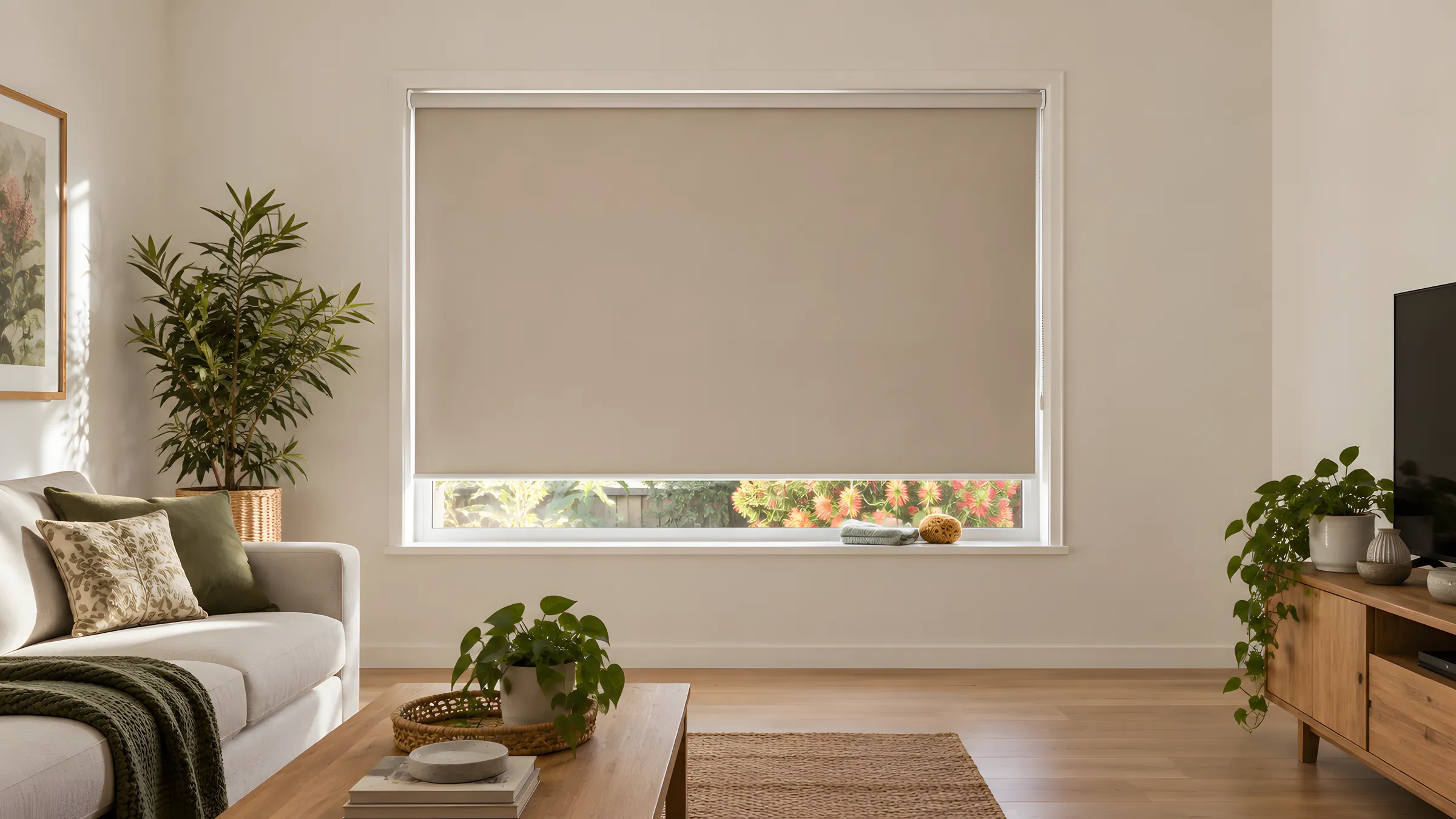 How to clean roller blinds: a lowered roller blind in a bright living room with a folded cloth and sponge on the sill