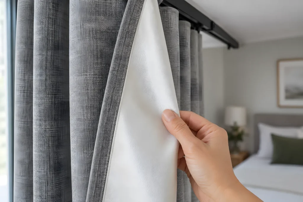 Close-up of the white coated backing along the edge of a blockout curtain