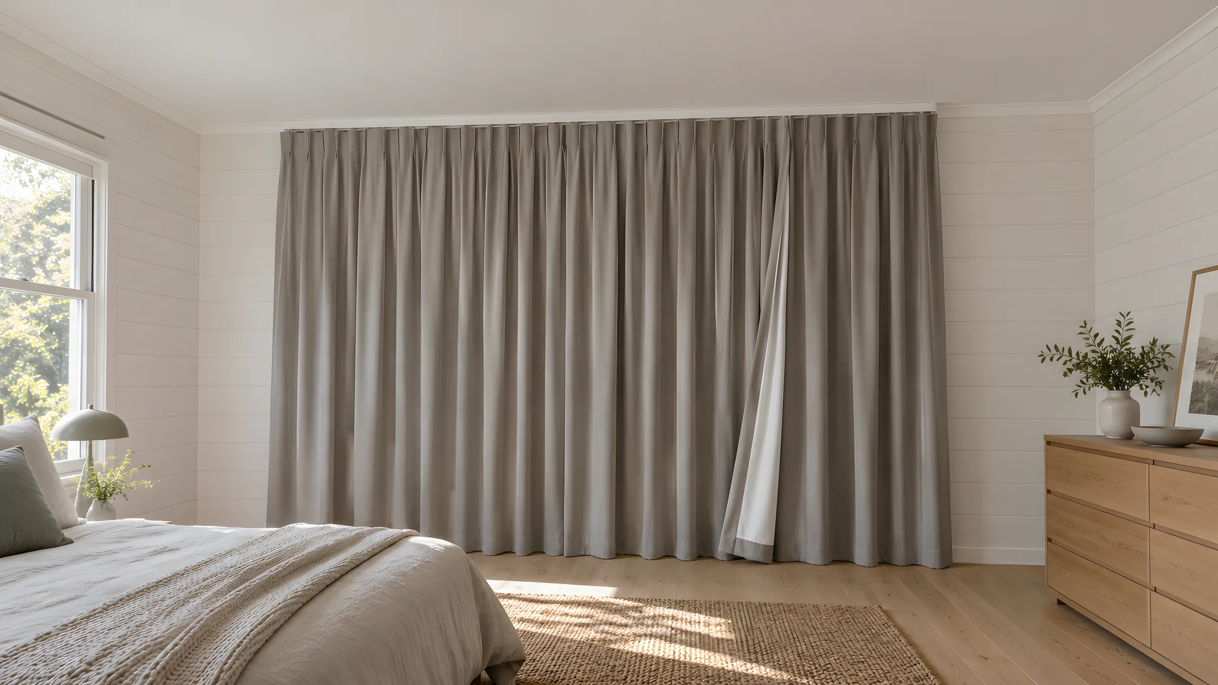 How to wash rubber backed curtains: a pale grey blockout curtain with white coated backing along the turned-back edge