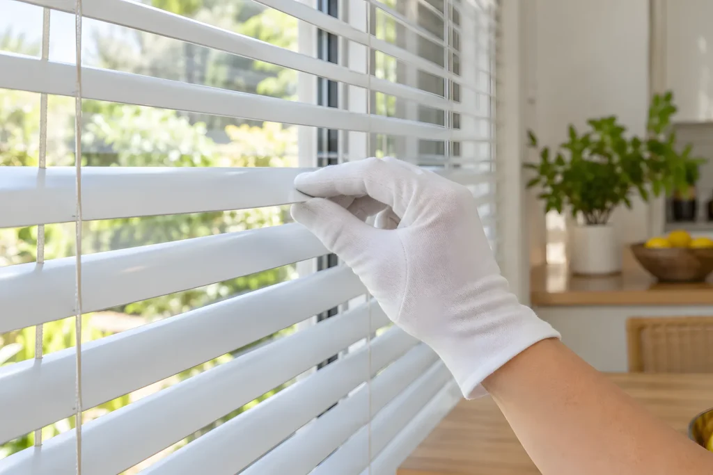 A hand in a thin cotton glove pinching a venetian slat between finger and thumb to wipe both faces