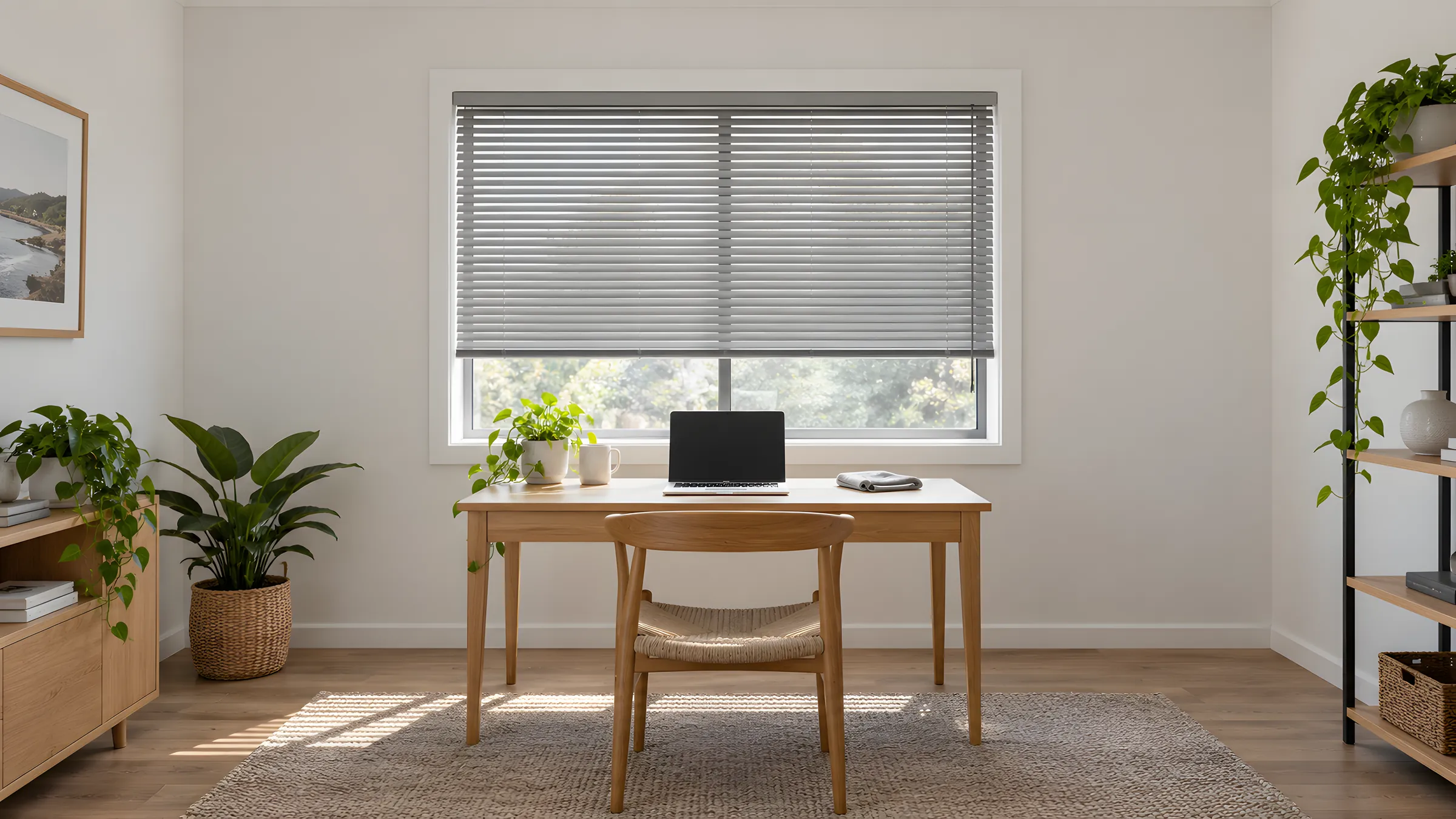 How to clean venetian blinds: an aluminium venetian blind tilted partly open above a tidy home office desk
