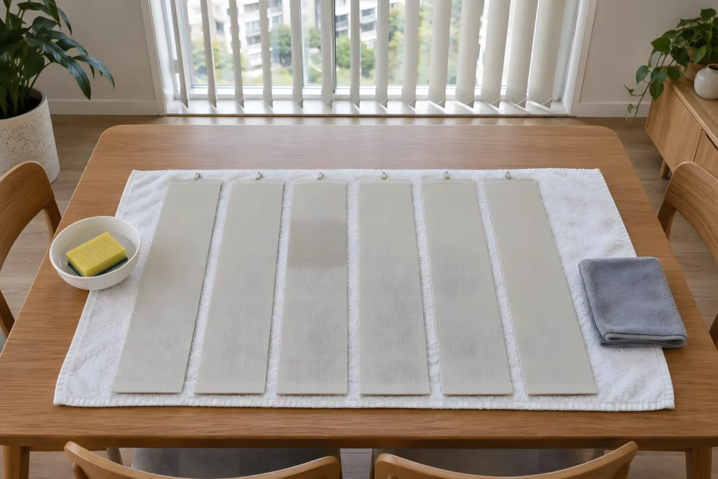 Fabric vertical blind vanes laid flat on a clean towel with a damp sponge and a dry cloth beside them