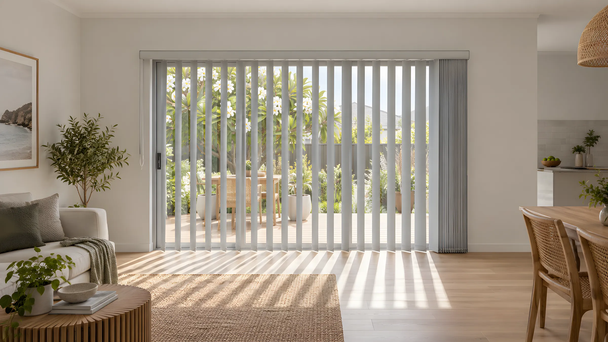 How to clean vertical blinds: vertical blinds across a sliding door with the vanes angled open in a bright living area