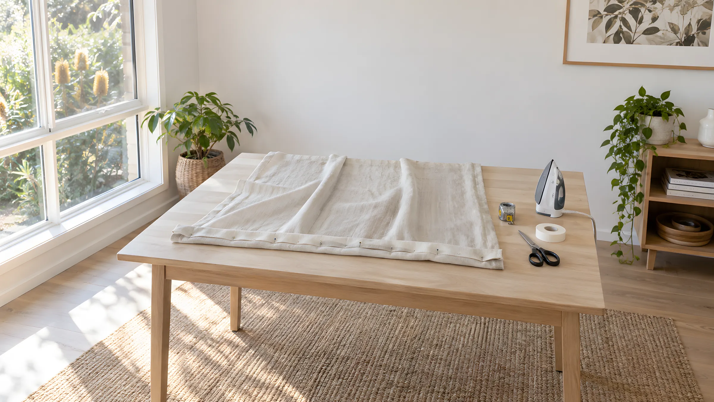 A curtain laid on a table with a folded hem pinned in place beside an iron and a tape measure