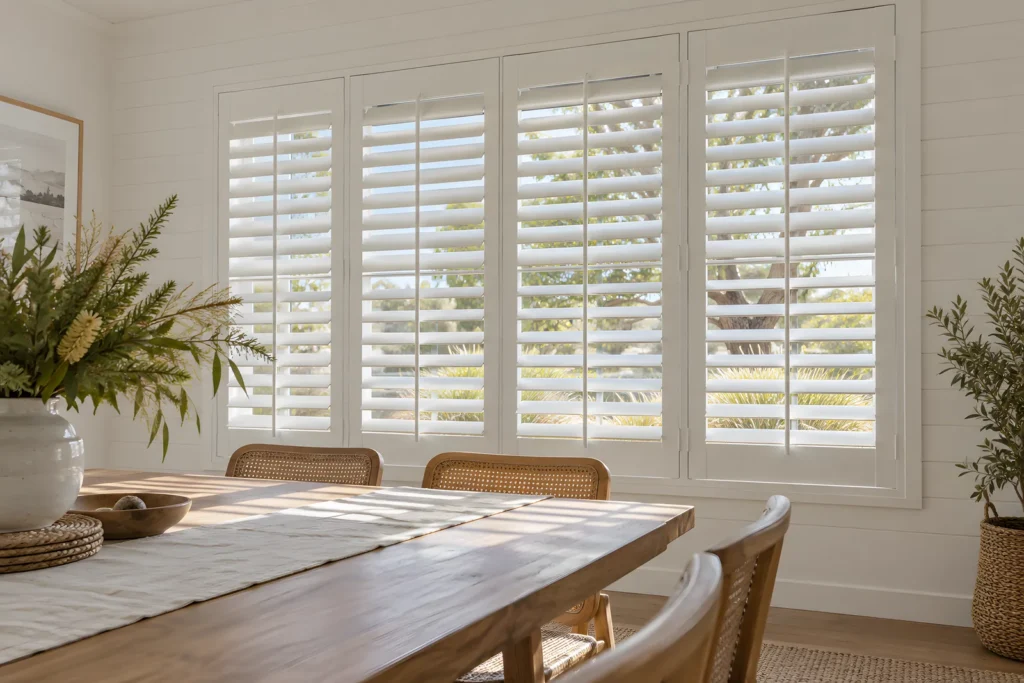 PVC plantation shutters with blades tilted to cut direct sun in a north-facing room