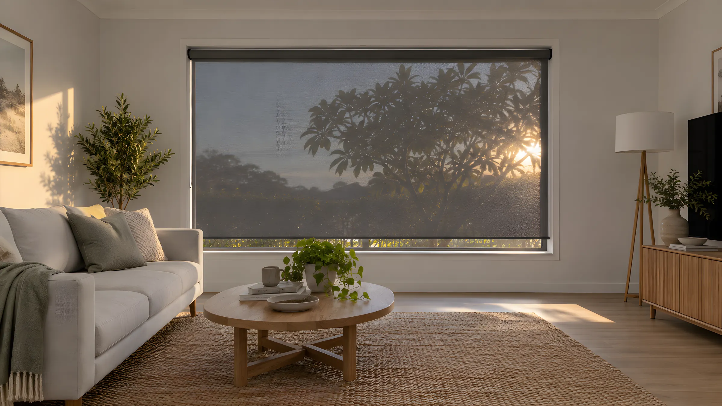 How to keep house cool in summer: a SunScreen roller blind lowered against afternoon sun on a west-facing window