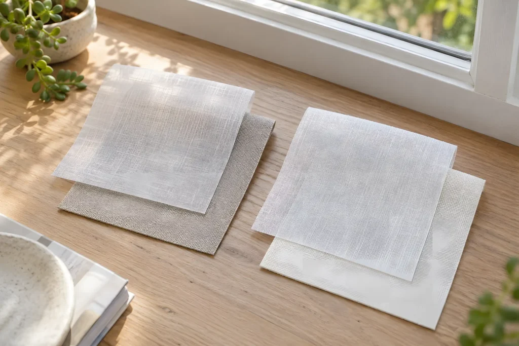 A Cassis Sand sheer sample laid over an Epic Putty blockout sample on a timber windowsill