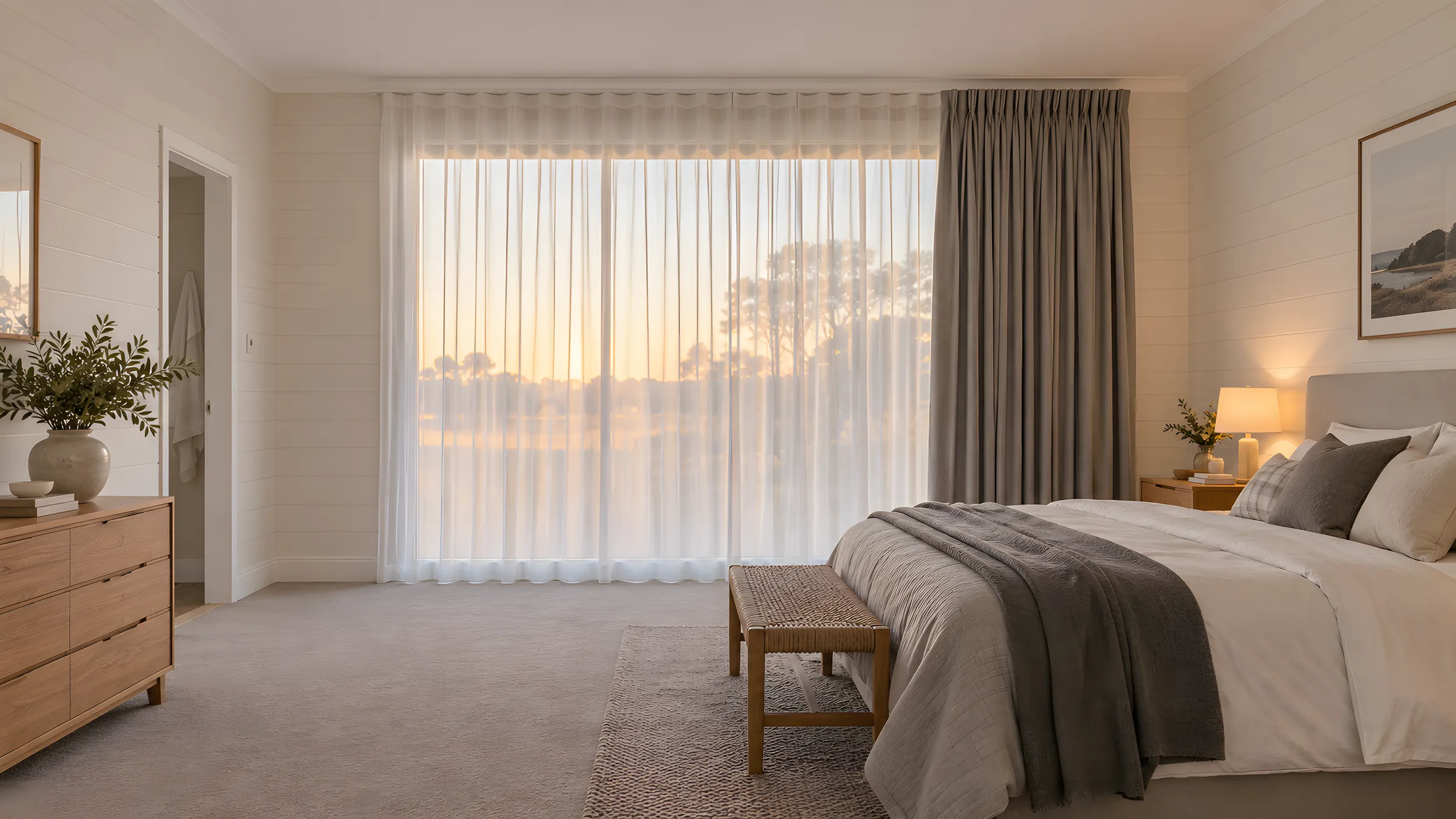How to layer sheer and blackout curtains: a sheer at the front with a blockout curtain pulled aside behind it