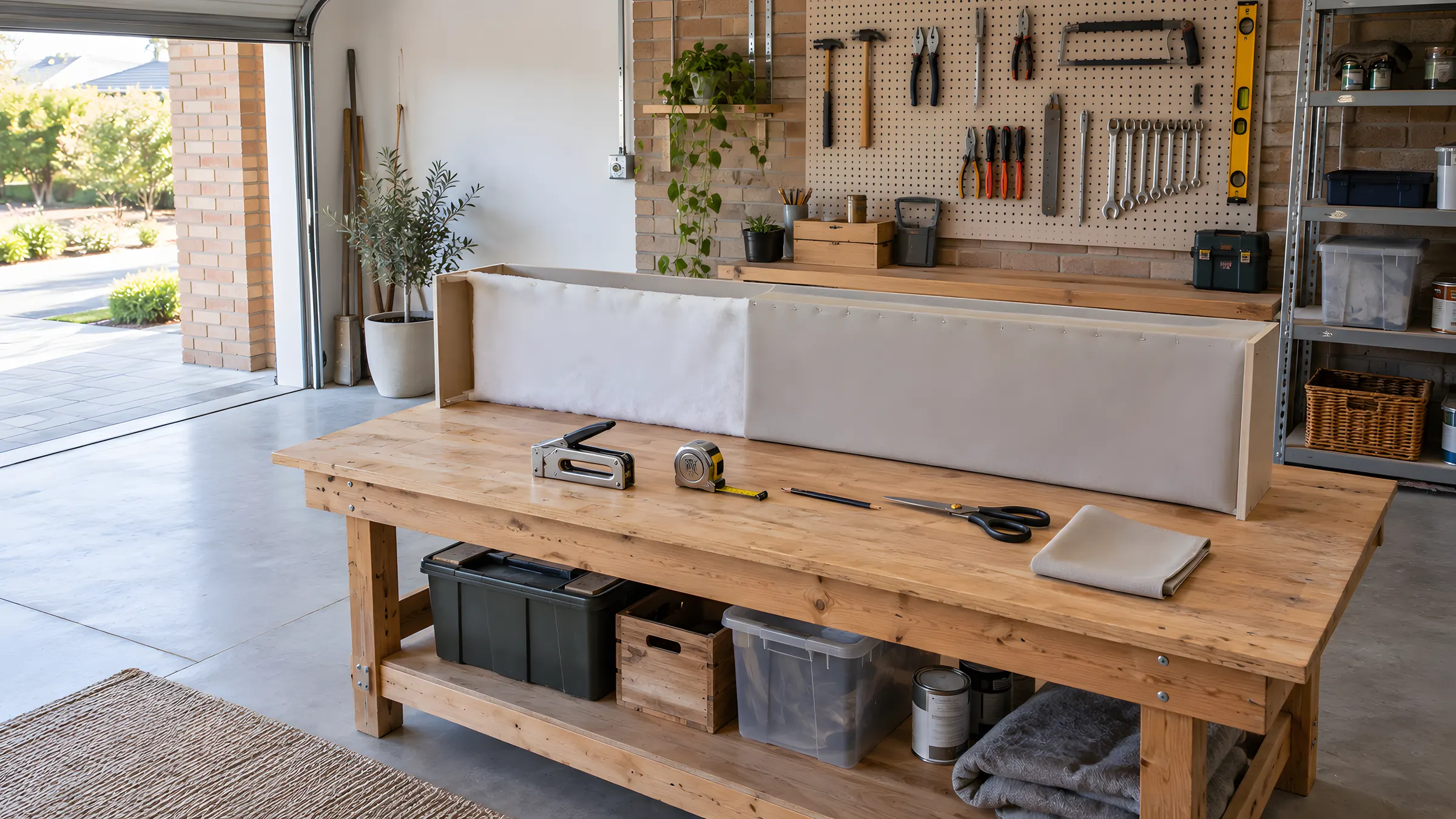 How to make a pelmet: a half-finished box pelmet on a workbench with wadding and fabric partly stapled on
