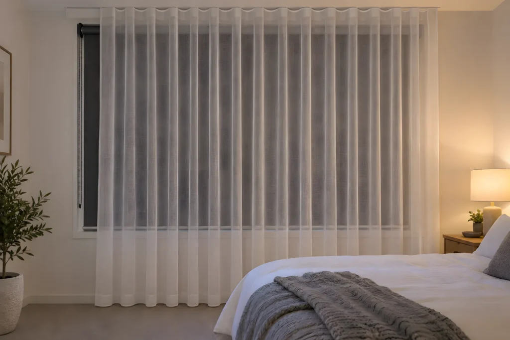 Charcoal roller blind with white sheer curtains in a bedroom