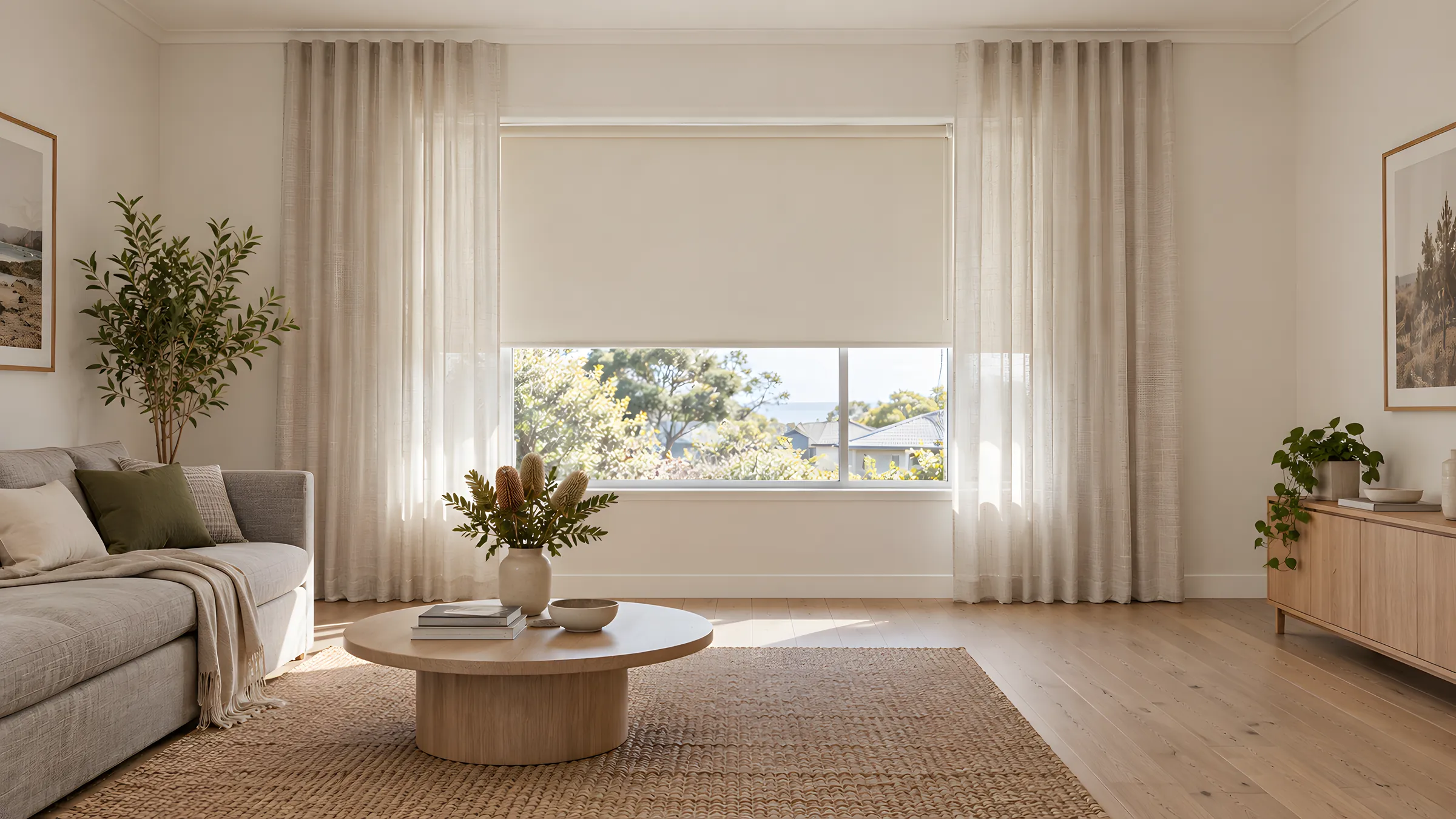 Matching curtains and blinds: a cream roller blind behind sheer linen-look S Fold curtains in a living room