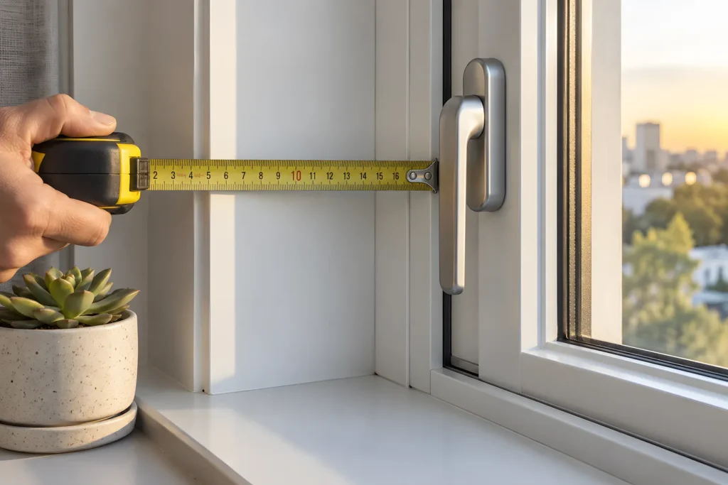 Window handle and tape measure showing clear depth ending at the handle rather than the glass