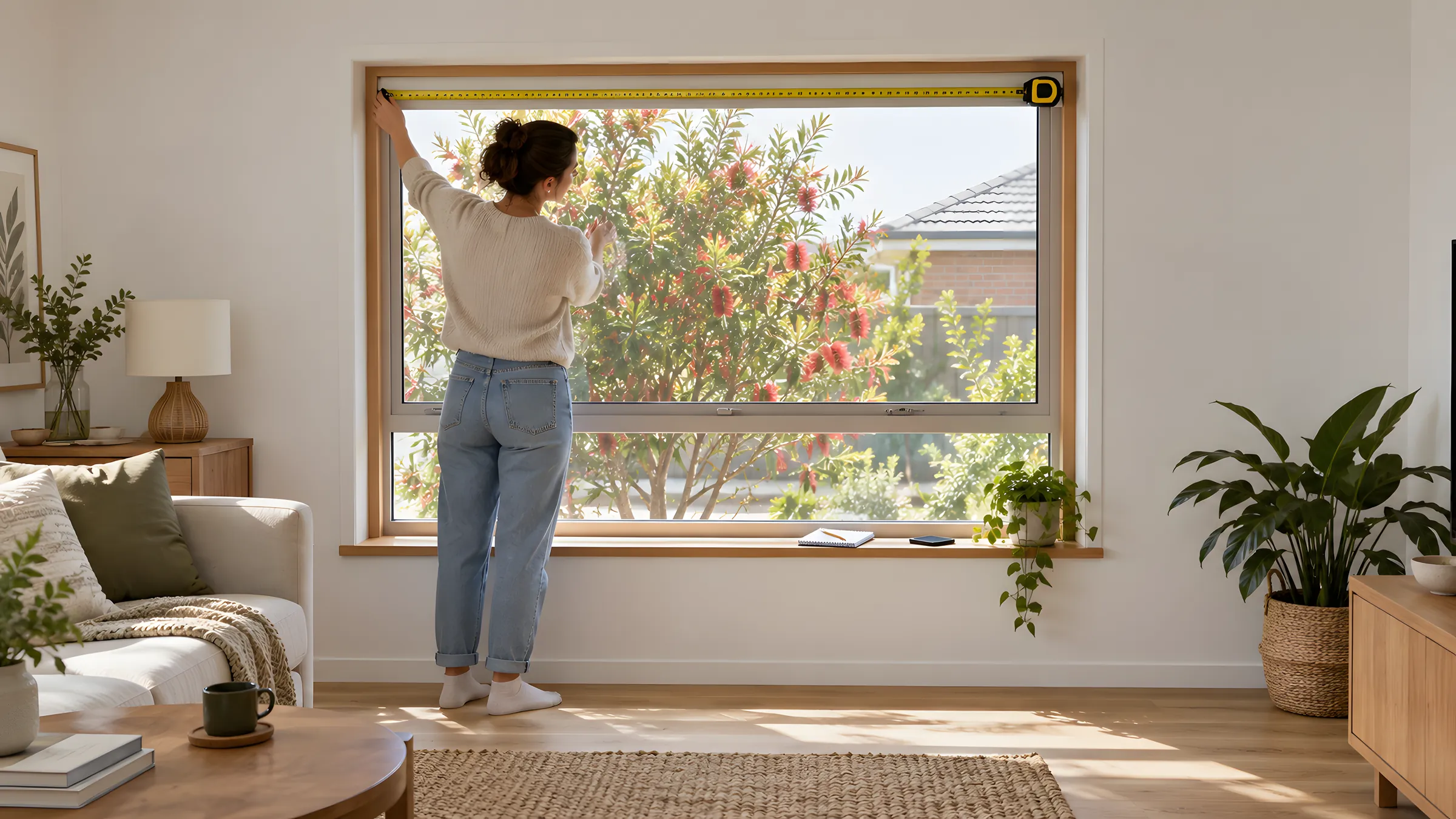 How to measure windows for blinds: a metal tape measure across a window recess with a notepad and pencil on the sill