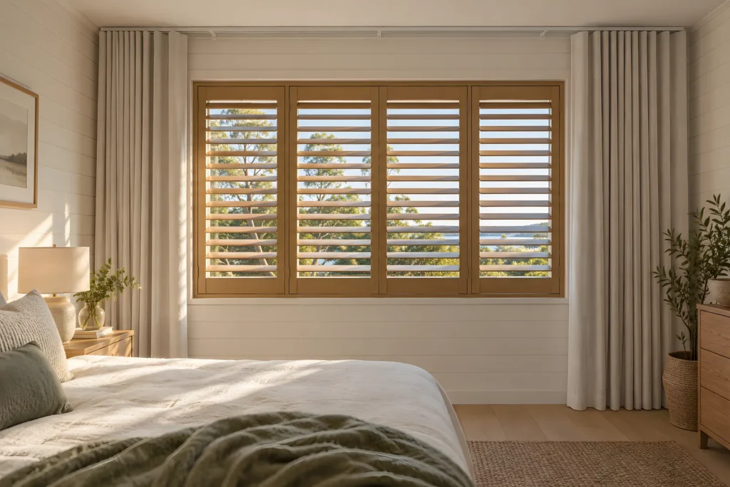 Bedroom with timber shutters and blockout curtains on a ceiling track drawn open