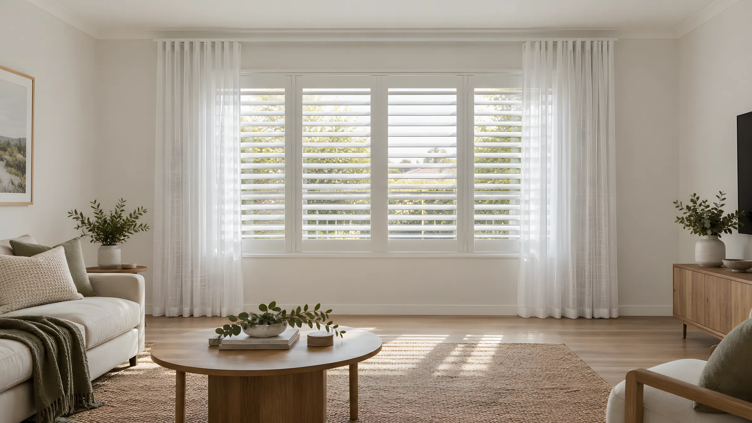 How to pair plantation shutters with curtains: white shutters with sheer S Fold curtains drawn open at each side