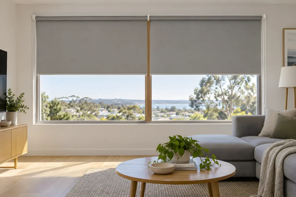 Two linked roller blinds on shared brackets covering a wide window with a narrow join gap over the mullion