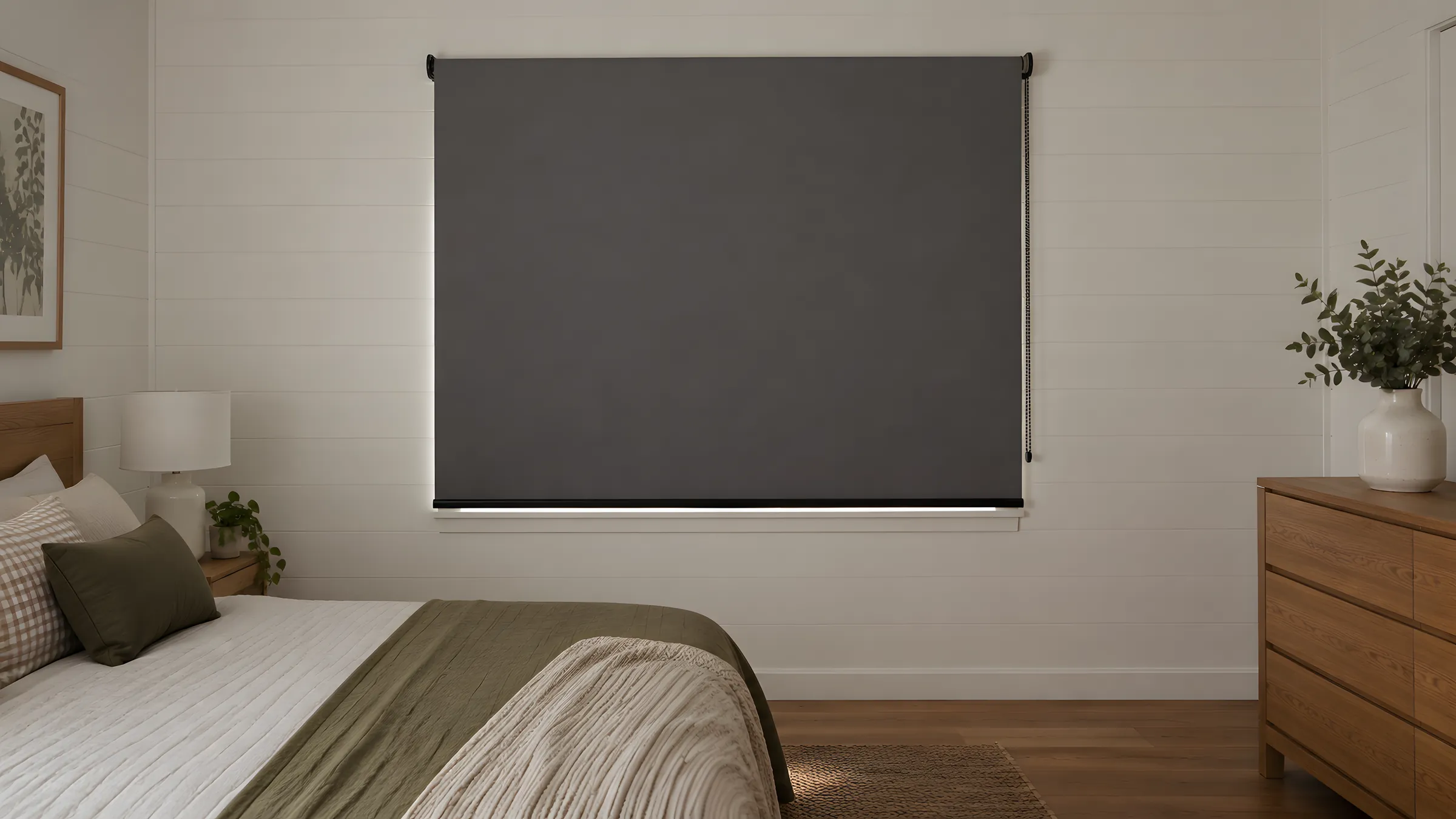 Light gaps and roller blinds: a face-fitted dark grey roller blind overlapping the window frame in a bedroom
