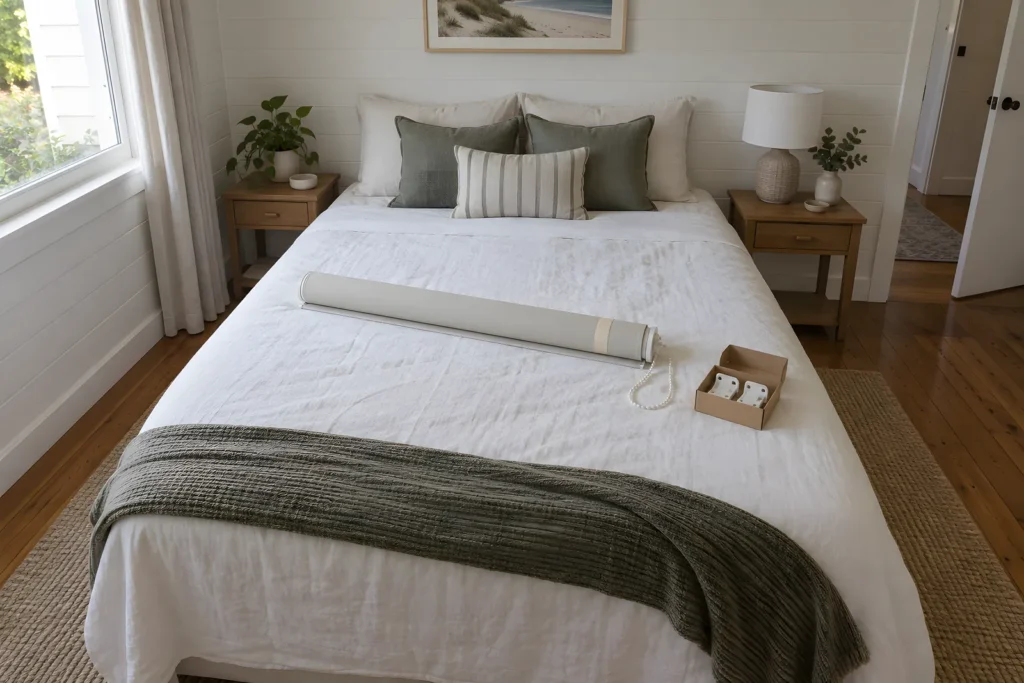 A rolled-up roller blind lying on a bed with a strip of masking tape labelled for its window