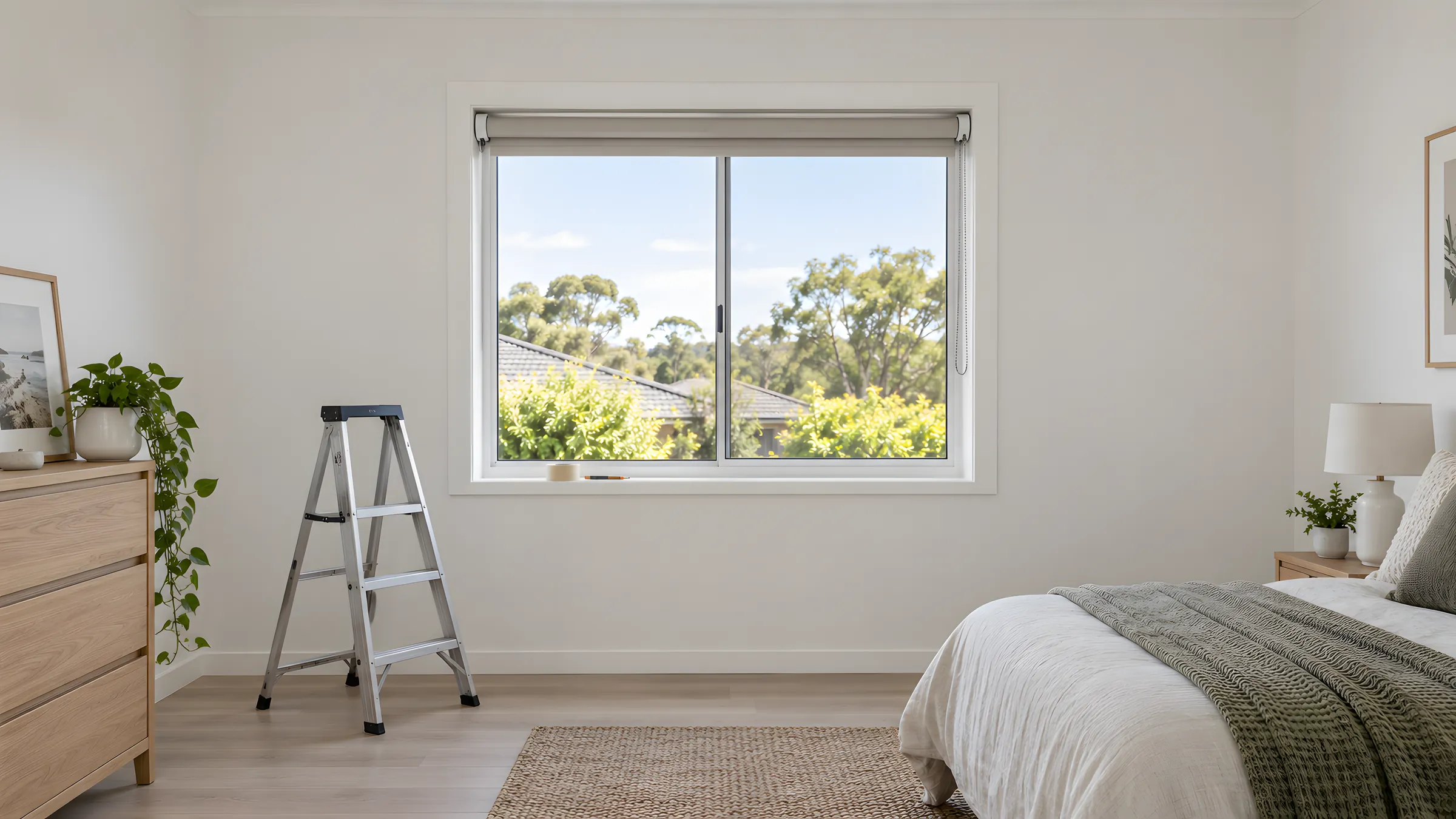 How to remove roller blinds: a raised roller blind in a window recess with a step ladder and masking tape beside it