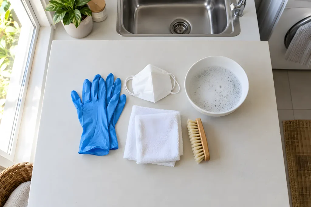 Nitrile gloves, a dust mask, microfibre cloths and a bowl of soapy water laid out on a laundry bench