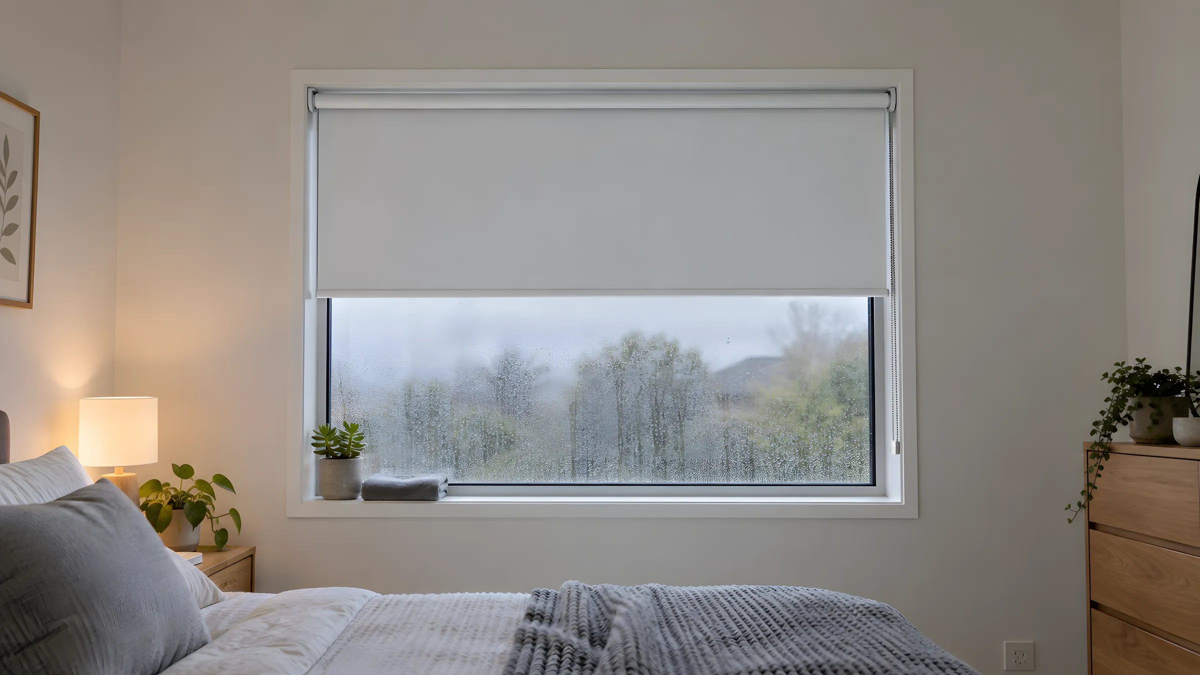 How to clean mould off blinds: condensation on a cold window behind a half-raised roller blind, cloth on the sill
