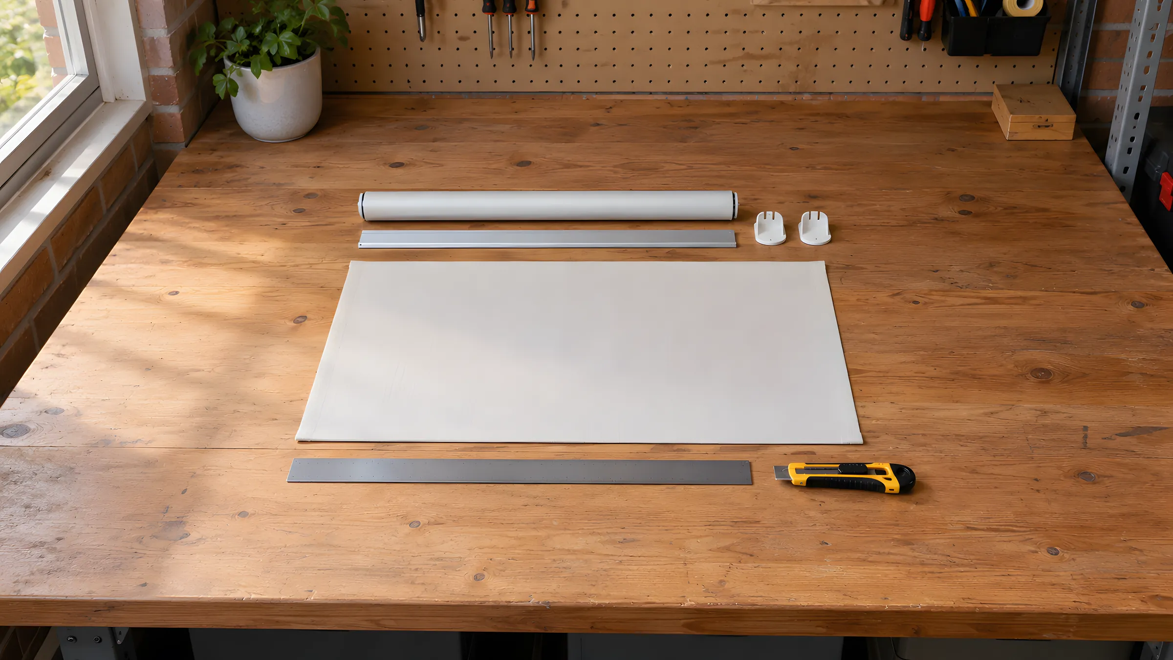 How to cut roller blinds to size: roller blind fabric on a workbench with a steel ruler and a utility knife