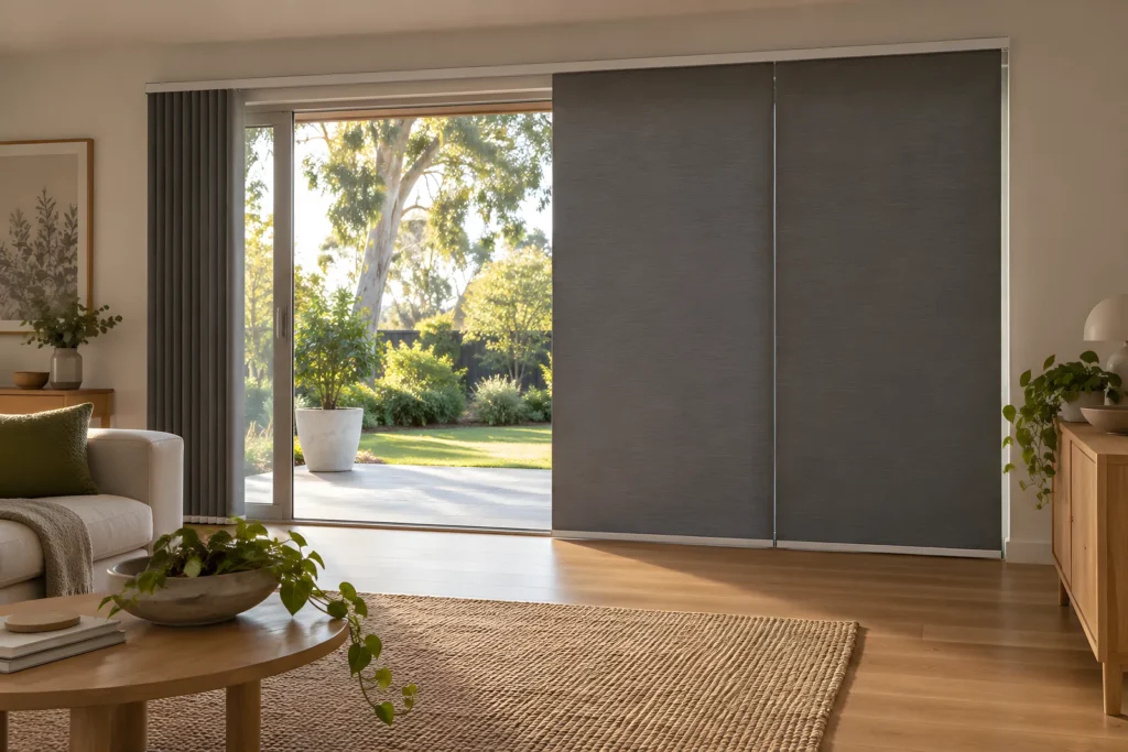 Panel glide blinds stacked to one side of a sliding door above a timber floor