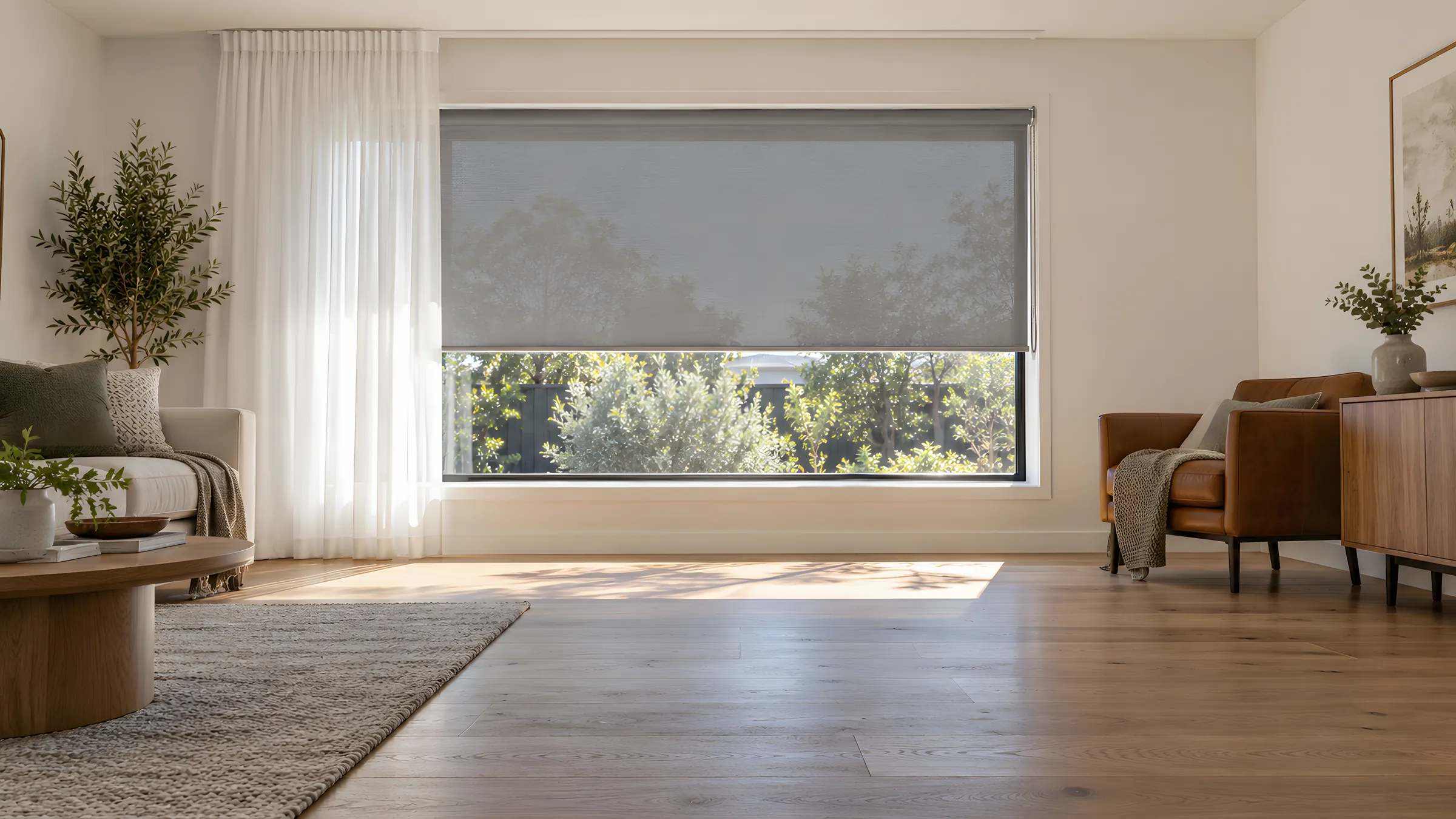 UV blinds: timber floor and rug half in shade from a roller blind on a sunny living room window