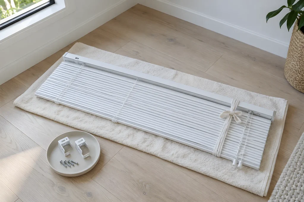 A removed aluminium venetian blind laid flat on a towel on the floor with its cords tied loosely