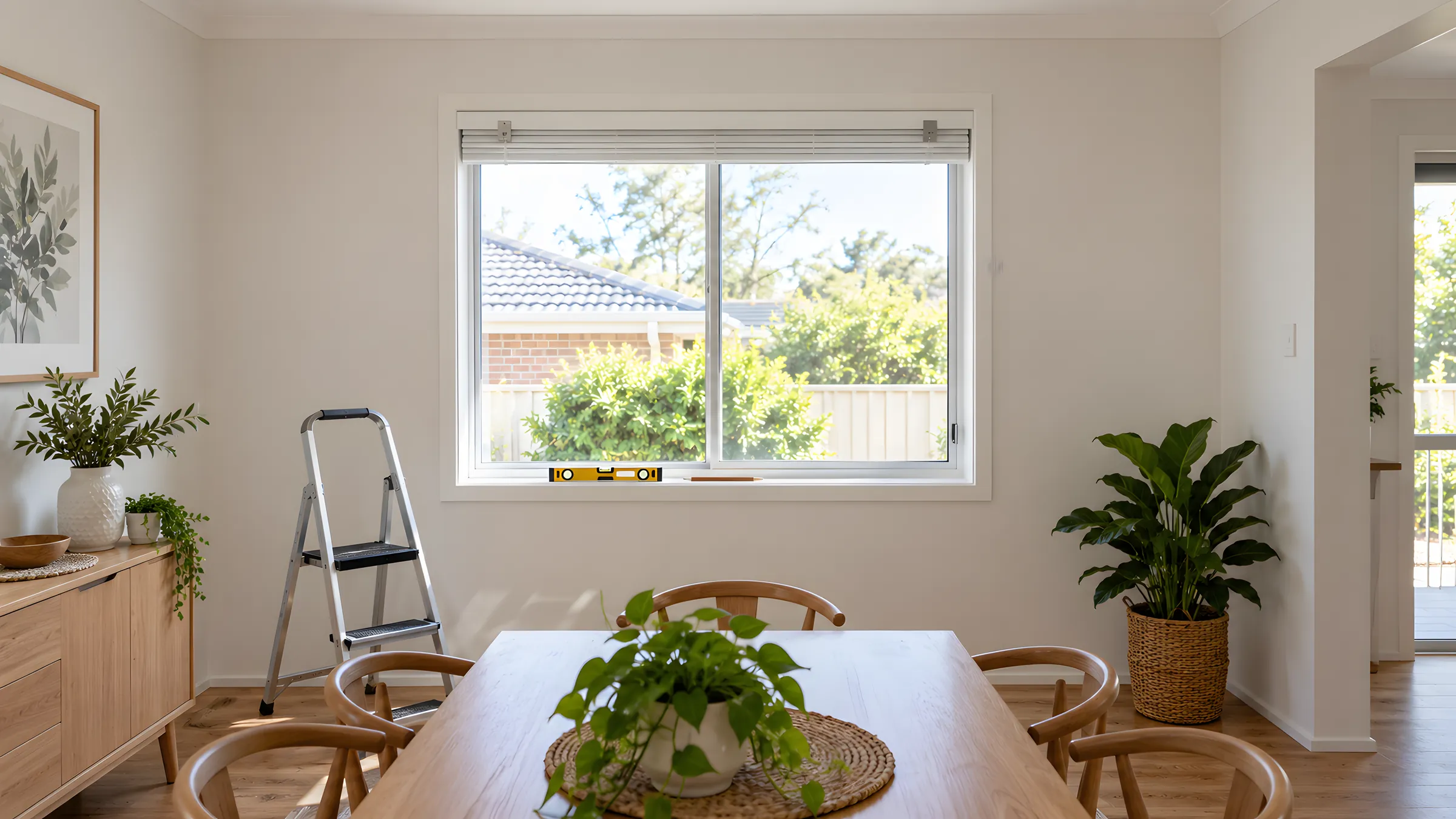 How to remove venetian blinds: a fully raised aluminium venetian blind in a window with a step ladder beside it