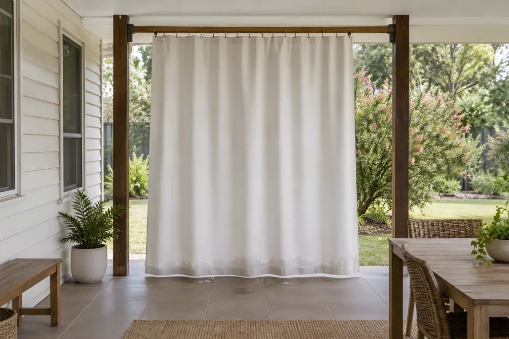 Blockout curtain hanging by its hooks from a rail on a shaded verandah to drip dry