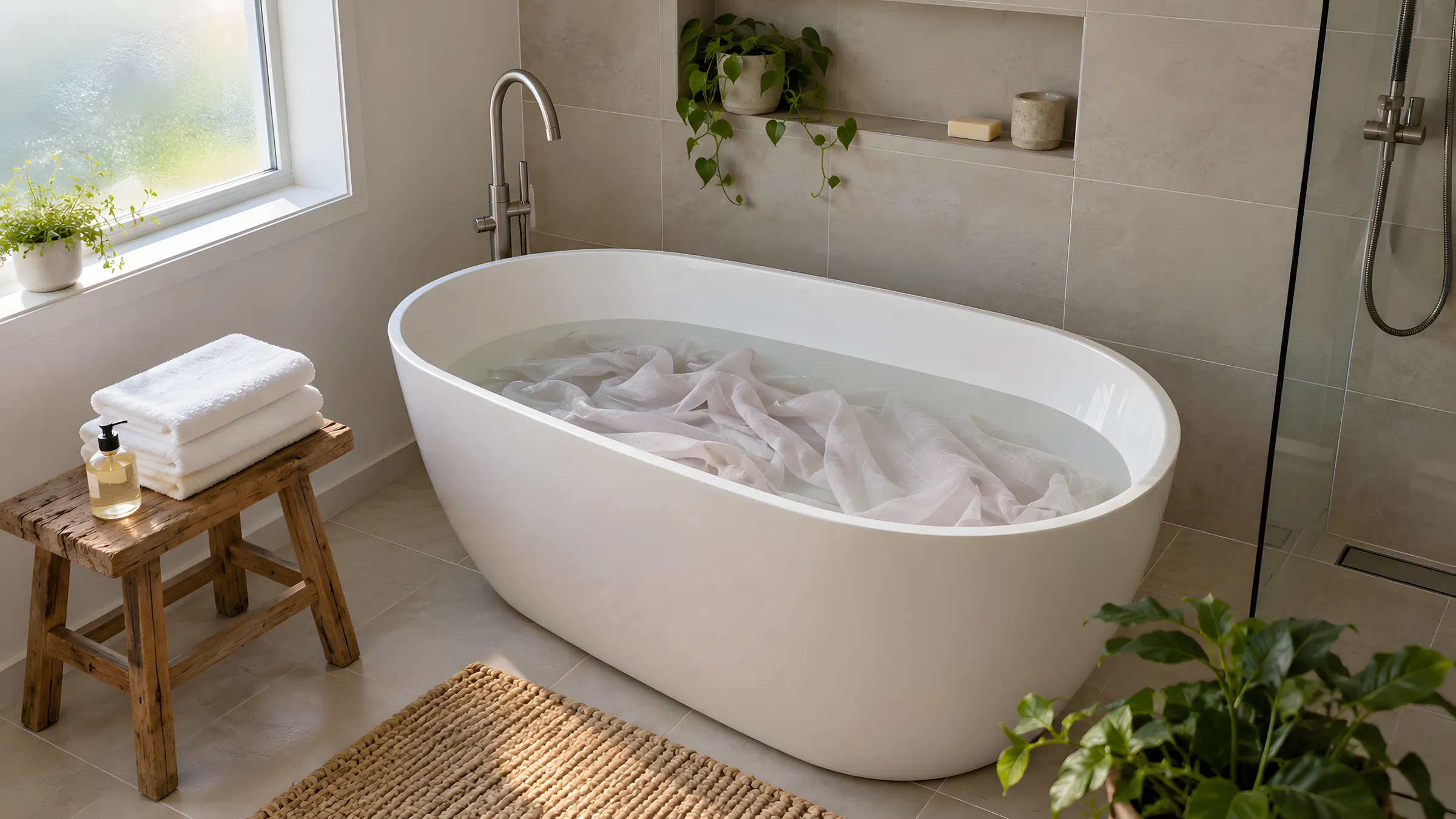 How to wash curtains: a sheer curtain lowered into warm water in a white bath with folded towels beside it