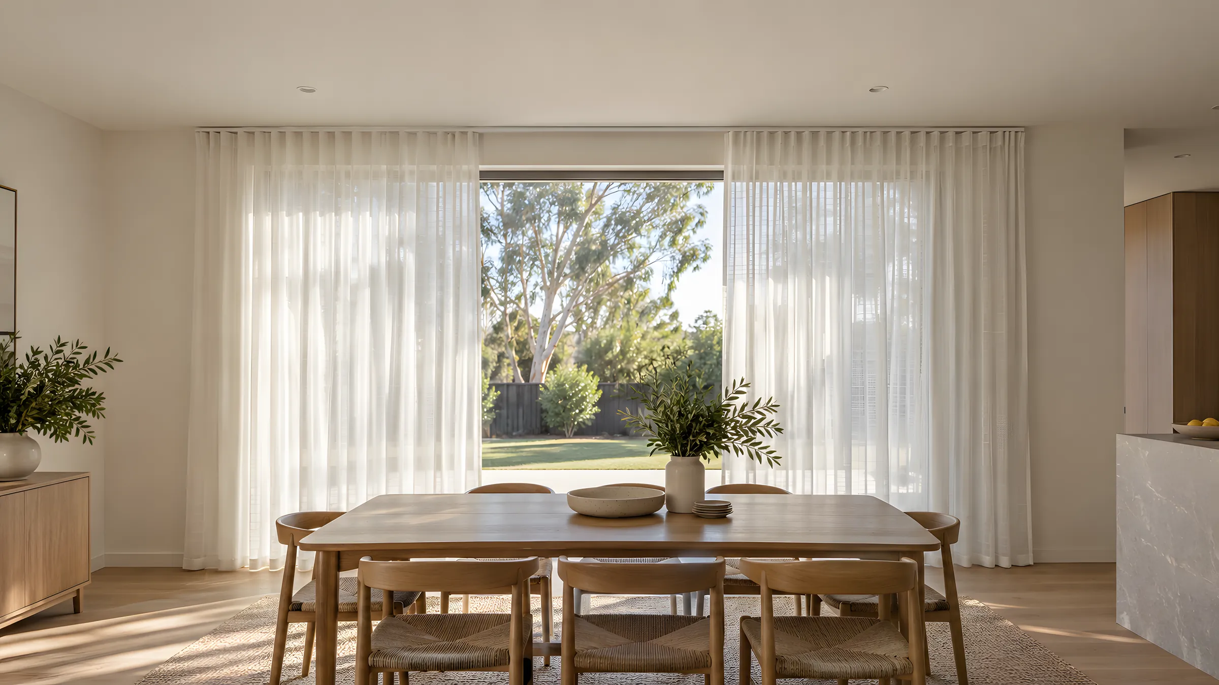 How to wash sheer curtains: freshly washed white sheer curtains lit by afternoon sun behind a dining table