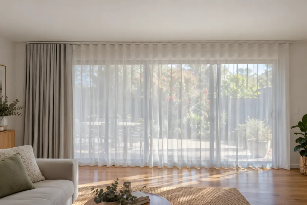 Double curtains with a sheer on the front track and a blockout curtain on the rear track