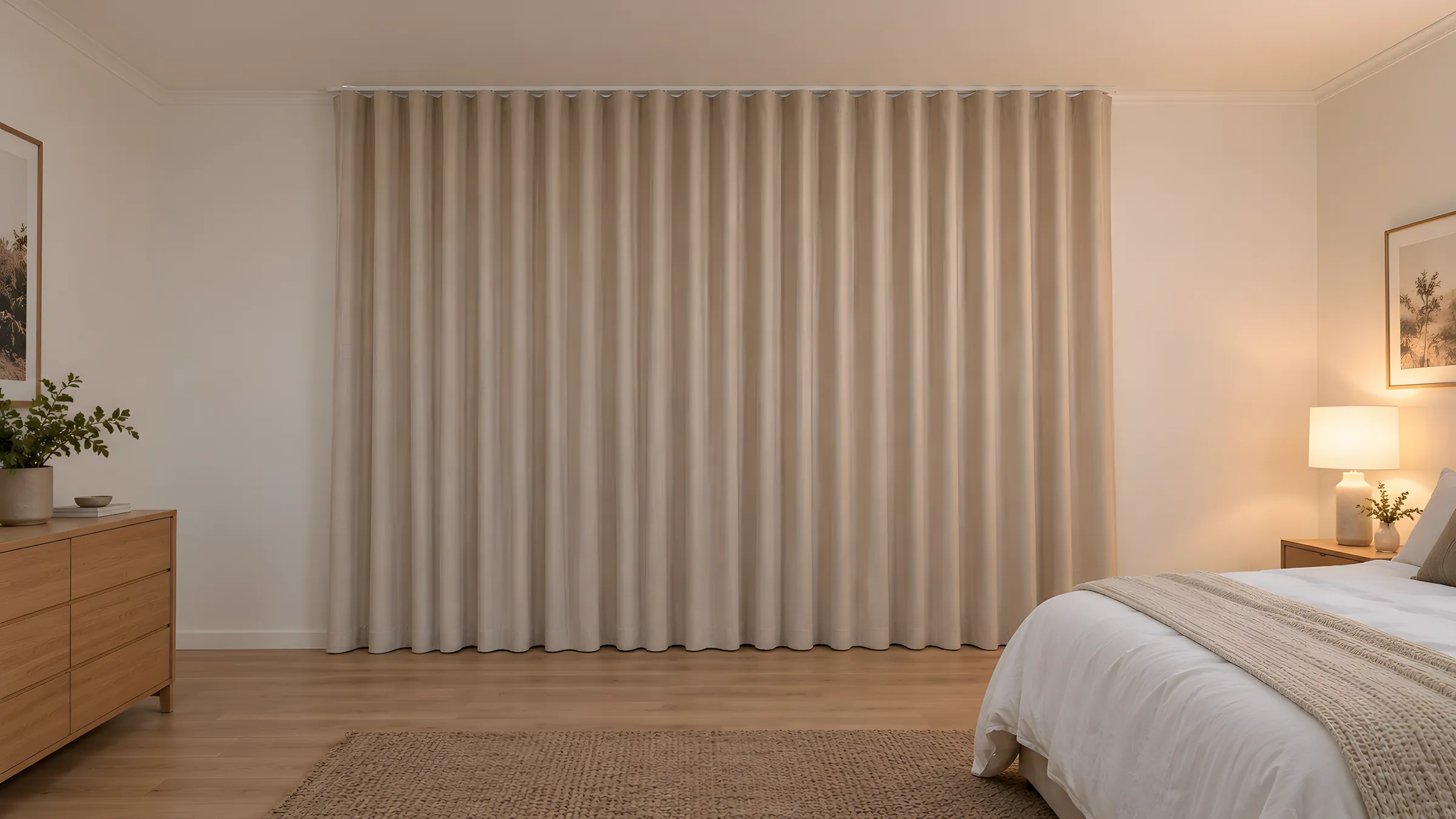 A pair of lined curtains drawn closed in a bedroom in the evening