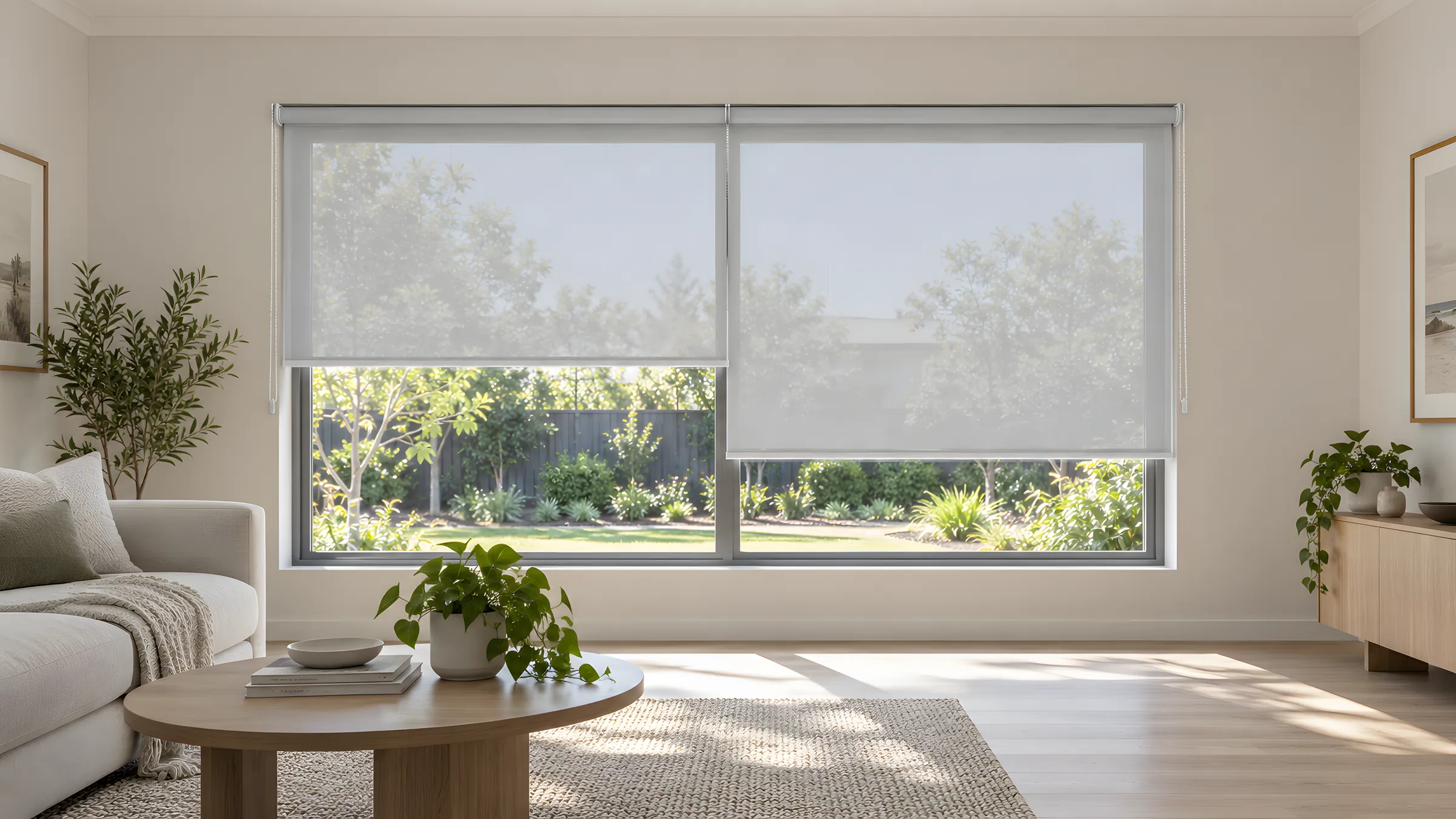 Two linked SunScreen roller blinds across a wide living room window, joined over the central mullion