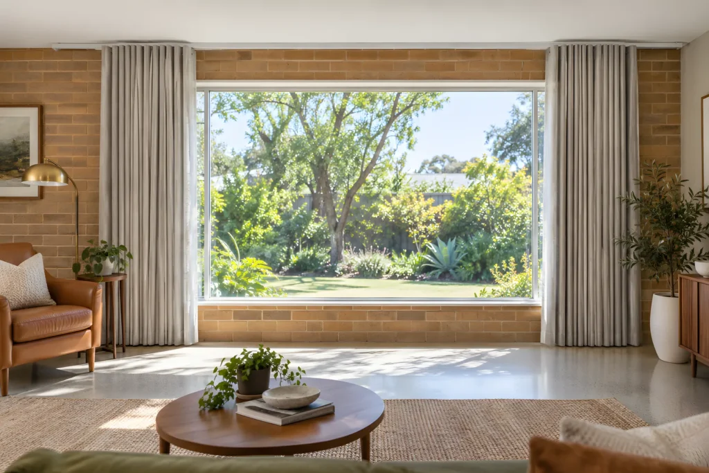 Wide living room window with curtains open and stacked neatly at each side, leaving the glass clear