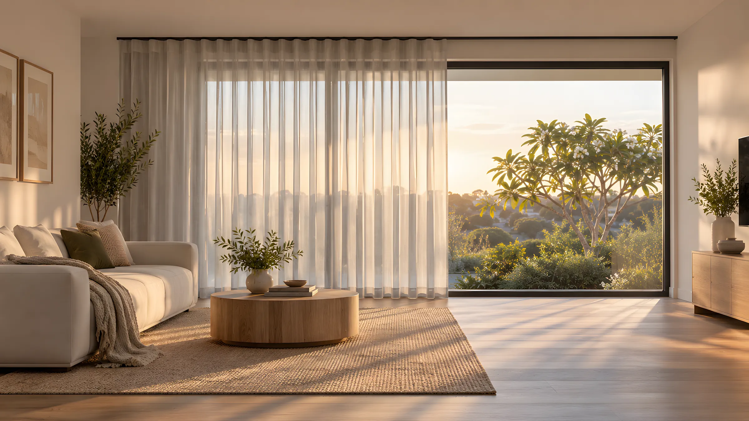 Living room curtain ideas: floor-length S Fold sheer curtains hanging from a black ceiling-fixed track