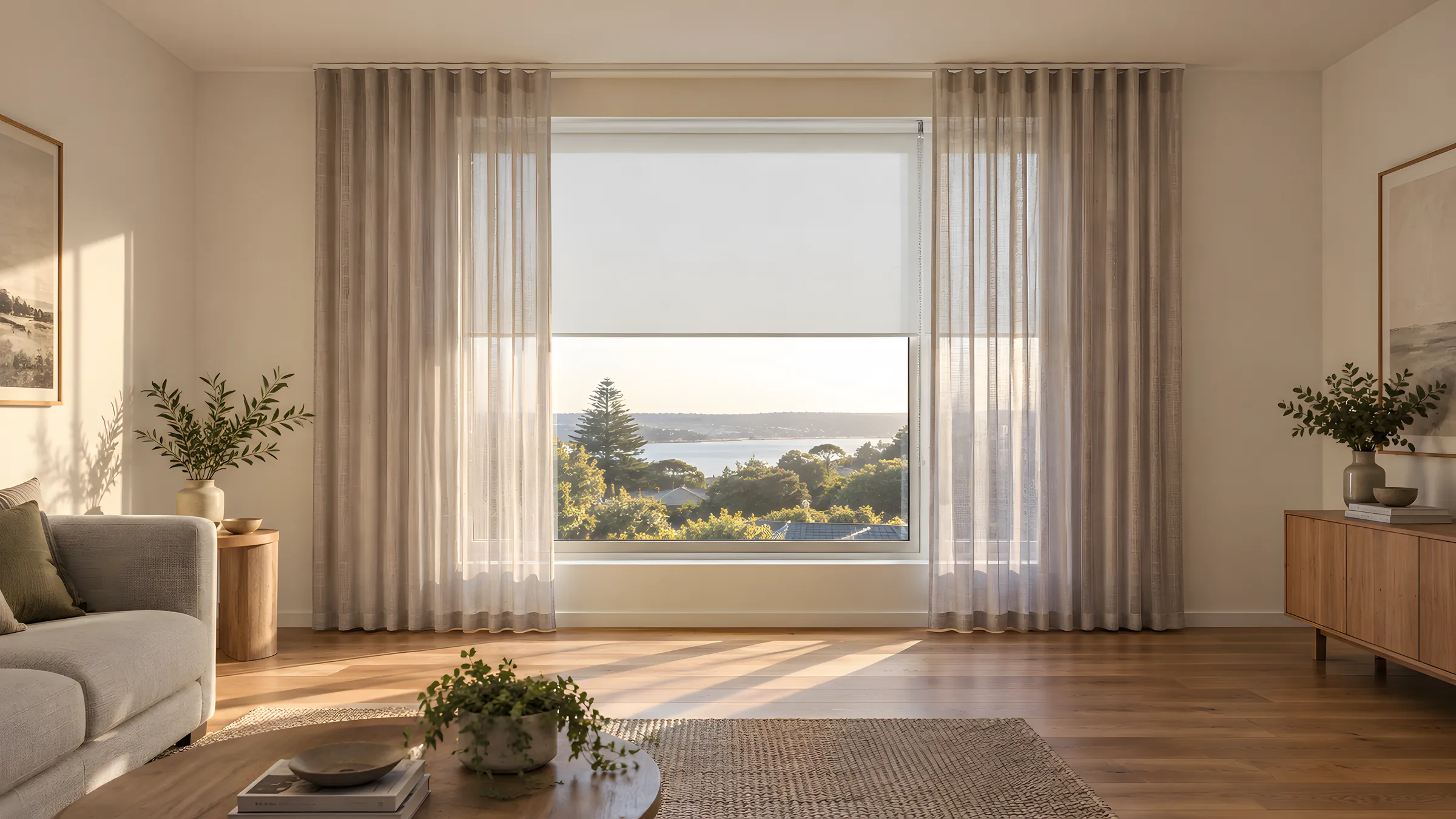 Made to measure vs off the shelf blinds: a made-to-measure roller blind and sheer curtains in a living room window