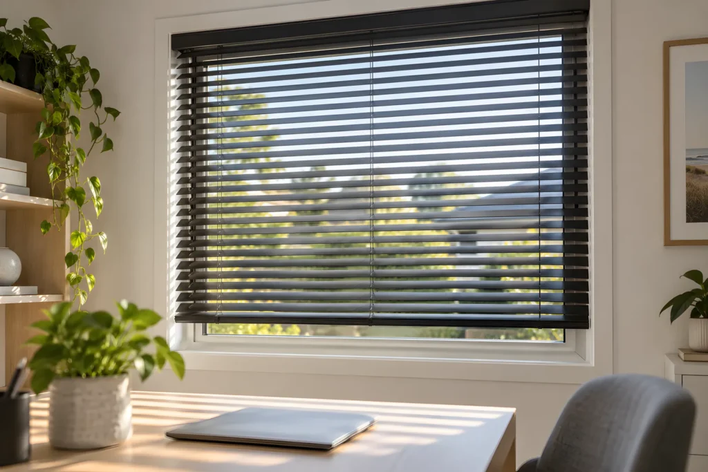 Aluminium venetian blind in Ebony with slats tilted partly open in a home office window