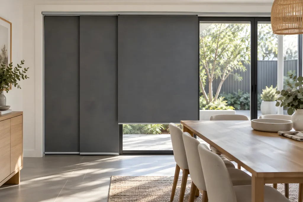 Panel glide blind in Shade Storm covering a wide sliding glass door with the panels partly stacked