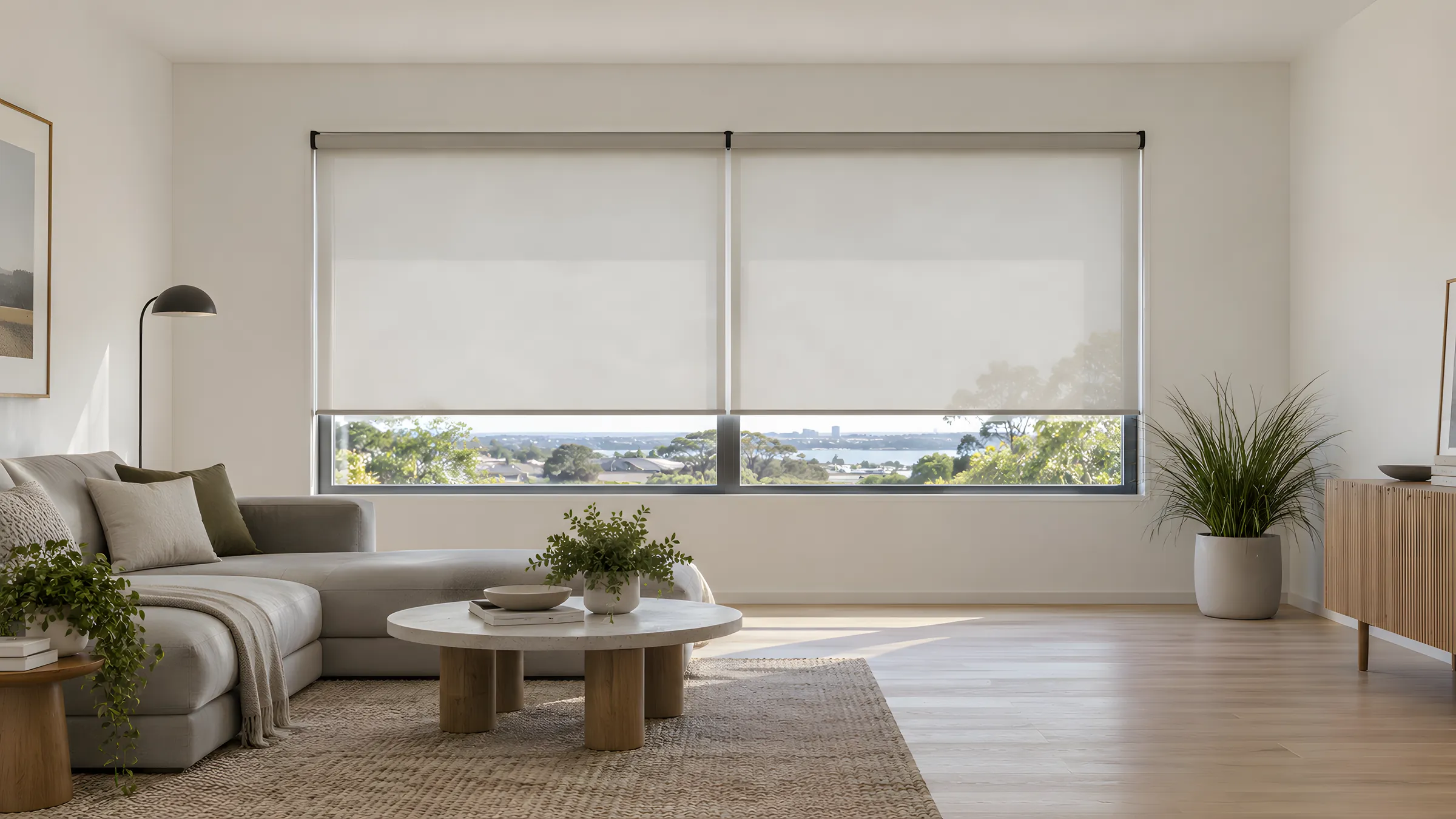 Modern blinds: two linked roller blinds side by side across a wide living room window, lowered to the same height