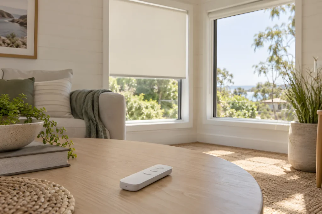 A hand-held remote on a coffee table with motorised roller blinds behind it