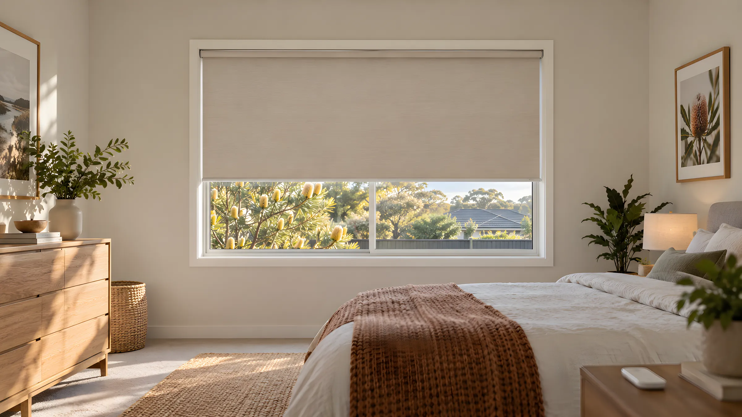 A motorised roller blind lowered two-thirds in a bedroom window with no chain