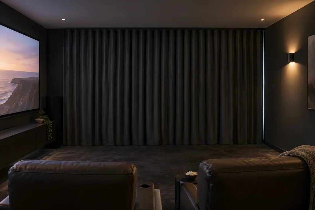 Blockout curtains closed across a window in a darkened home theatre room