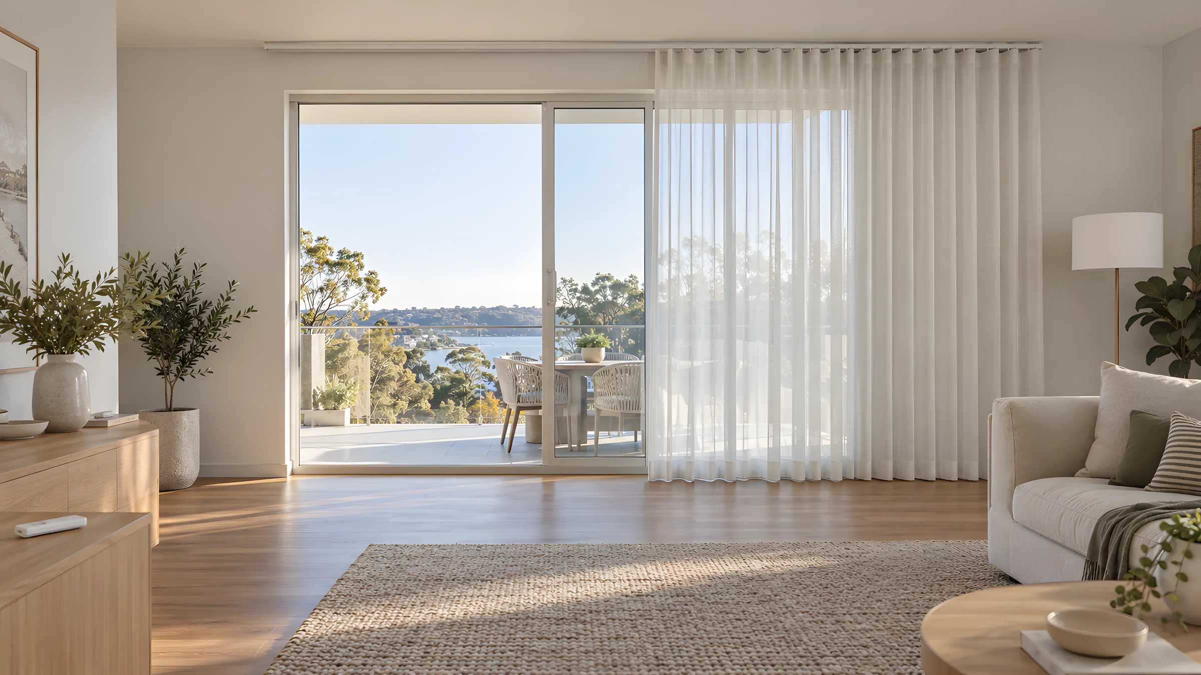 Motorised curtains: sheer S Fold curtains half open on a white ceiling track beside a sliding door